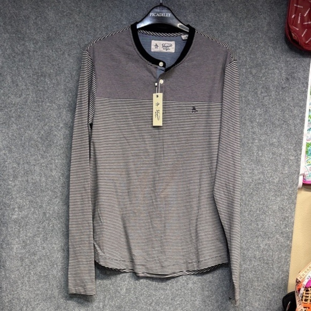 Original Penguin Black and White grey Striped Long Sleeve  3 button cotton shirt